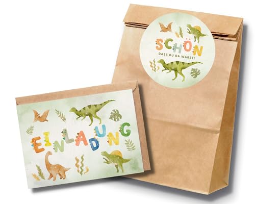 Paperlane by Essi 10 Dino Einladungskarten und Gastgeschenkkarten, Dinusaurier Einladungen und Mitgebseltüten für Jungen und Mädchen, Dinosaurier Geburtstag Set mit Umschlägen und Tüten Paperlane by Essi 10 Dino Einladungskarten und Gastgeschenkkarten, Dinusaurier Einladungen und Mitgebseltüten für Jungen und Mädchen, Dinosaurier Geburtstag Set mit Umschlägen und Tüten von Paperlane by Essi