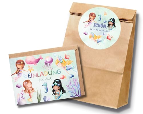 Paperlane by Essi 10 Meerjungfrau Geburtstagssets mit Einladungskarten und Gastgeschenktüten - Mädchen Unterwasser Kindergeburtstag - inkl. Umschläge (10er Set, Einladungskarten + Mitgebseltüten) von Paperlane by Essi