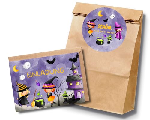 Paperlane by Essi 10 Hexen Geburtstagssets mit Einladungskarten und Gastgeschenktüten - Halloween Geburtstag - inkl. Umschläge (10er Set Einladungskarte + Mitgebseltüte, Hexe) von Paperlane by Essi