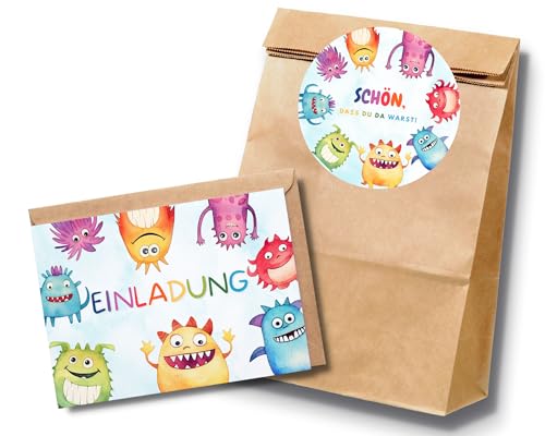 Paperlane by Essi 10 Monster Geburtstagssets mit Einladungskarten und Gastgeschenktüten - Monster Geburtstag - inkl. Umschläge und Sticker (10er Set Einladungskarten + Mitgebseltüten, Monster) von Paperlane by Essi