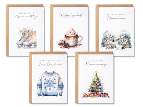 5 Weihnachtskarten Aquarell, 5er Set Grußkarten Weihnachten, Klappkarten mit Umschlägen, Weihnachtspost Water Color, Christmas Cards von Paperlane by Essi