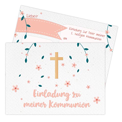 Papierdrachen 12 Einladungskarten zur Kommunion - Motiv Blumen Kreuz - Einladung zur Heiligen Kommunion für Mädchen und Jungen - DIN A6 - Set 3 von Papierdrachen