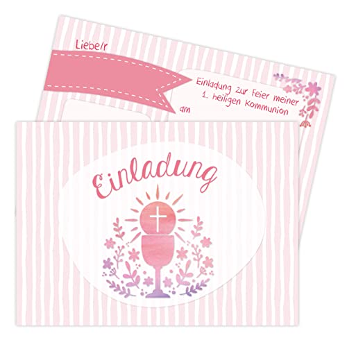 Papierdrachen 12 Einladungskarten zur Kommunion - Motiv Kelch rosa - Einladung zur Heiligen Kommunion für Mädchen und Jungen - DIN A6 - Set 2 von Papierdrachen