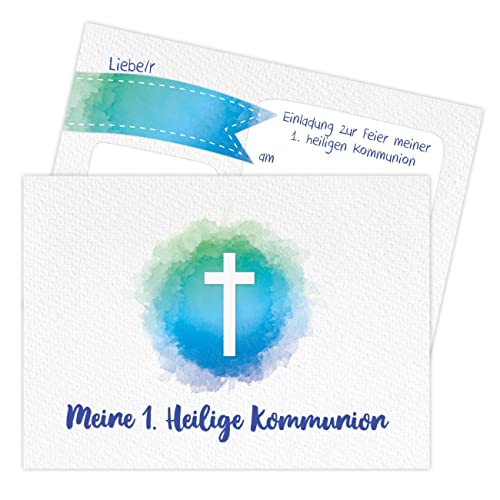Papierdrachen 12 Einladungskarten zur Kommunion - Motiv Kreuz blau - Einladung zur Heiligen Kommunion für Mädchen und Jungen - DIN A6 - Set 5 von Papierdrachen