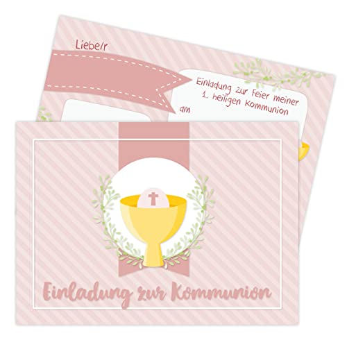 Papierdrachen 12 Einladungskarten zur Kommunion - Motiv Streifen rosa - Einladung zur Heiligen Kommunion für Mädchen und Jungen - DIN A6 - Set 8 von Papierdrachen