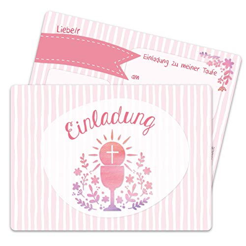 Papierdrachen 12 Einladungskarten zur Taufe - Motiv Kelch und Blumen rosa - Einladung zur Heiligen Taufe für Mädchen und Jungen - hochwertig gedruckt in DIN A6 von Papierdrachen