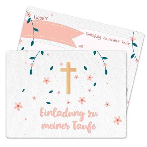 Papierdrachen 12 Einladungskarten zur Taufe - Motiv Kreuz und Blumen - Einladung zur Heiligen Taufe für Mädchen und Jungen - hochwertig gedruckt in DIN A6 von Papierdrachen