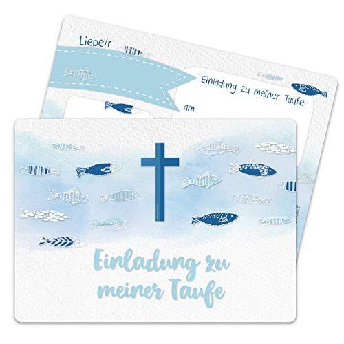 Papierdrachen 12 Einladungskarten zur Taufe - Motiv Kreuz und Fische - Einladung zur Heiligen Taufe für Mädchen und Jungen - hochwertig gedruckt in DIN A6 von Papierdrachen