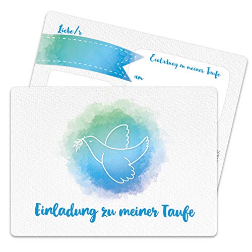 Papierdrachen 12 Einladungskarten zur Taufe - Motiv Taube aquarell blau - Einladung zur Heiligen Taufe für Mädchen und Jungen - hochwertig gedruckt in DIN A6 von Papierdrachen