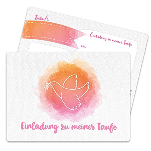Papierdrachen 12 Einladungskarten zur Taufe - Motiv Taube aquarell rosa - Einladung zur Heiligen Taufe für Mädchen und Jungen - hochwertig gedruckt in DIN A6 von Papierdrachen