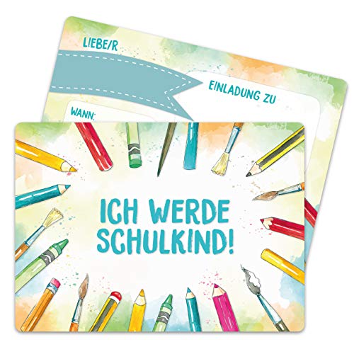 Papierdrachen 12 Einladungskarten zur Einschulung - Einladung mit Stifte-Motiv zum Schulbeginn - Schulstart Erstklässler Erste Klasse - Ich werde Schulkind - Endlich Schulkind von Papierdrachen