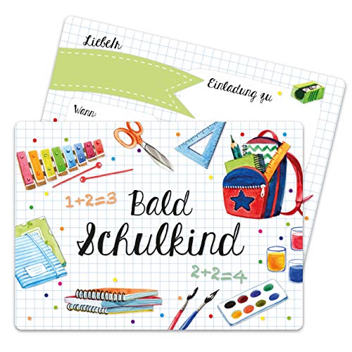Papierdrachen 12 Einladungskarten zur Einschulung - Einladung mit Wasserfarben-Motiv zum Schulbeginn - Schulstart Erstklässler Erste Klasse - Ich werde Schulkind - Endlich Schulkind von Papierdrachen
