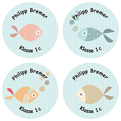 24 individuelle Aufkleber für Kinder - Motiv Fische - personalisierte Sticker - Schule Einschulung von Papierdrachen