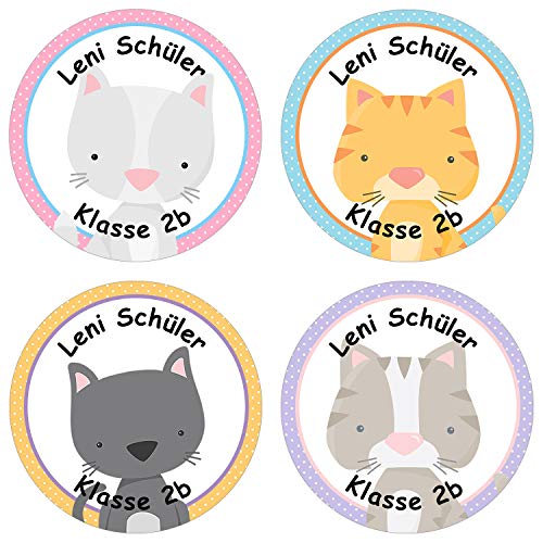 24 individuelle Aufkleber für Kinder - Motiv Katzen - personalisierte Sticker - Perfekt zur Einschulung - Geschenk für die Schule - Namensaufkleber und Schulbuchetiketten von Papierdrachen