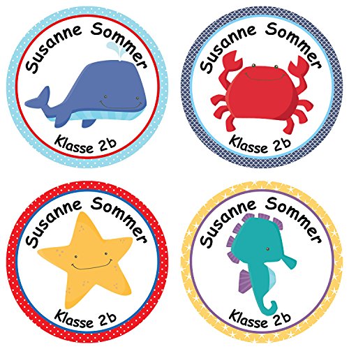 24 individuelle Aufkleber für Kinder - Motiv Meeresbewohner - personalisierte Sticker - Schule Einschulung von Papierdrachen