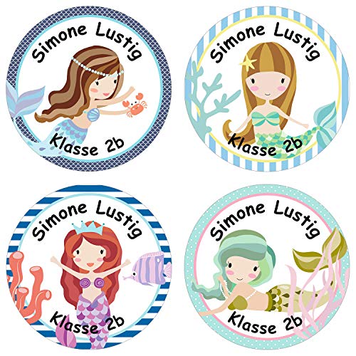 24 individuelle Aufkleber für Kinder - Motiv Meerjungfrau - personalisierte Sticker - ideal zur Einschulung und zum Beschriften von Büchern und Heften von Papierdrachen