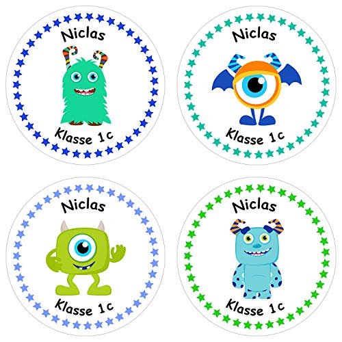 Papierdrachen 24 individuelle Aufkleber für Kinder - Motiv Monster - personalisierte Sticker - Perfekt zur Einschulung - Geschenk für die Schule - Namensaufkleber und Schulbuchetiketten von Papierdrachen