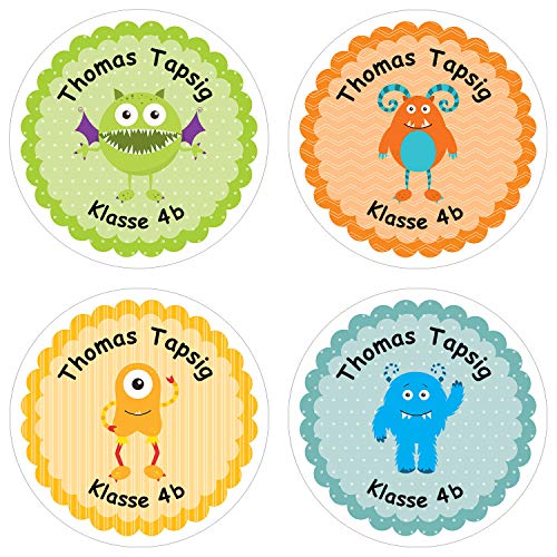 24 individuelle Aufkleber für Kinder - Motiv Monster - personalisierte Sticker - Perfekt zur Einschulung - Geschenk für die Schule - Namensaufkleber und Schulbuchetiketten von Papierdrachen