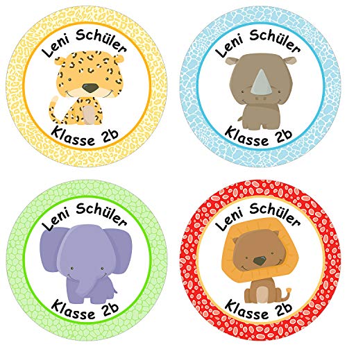 24 individuelle Aufkleber für Kinder - Motiv Wilde Tiere - personalisierte Sticker - ideal zur Einschulung und zum Beschriften von Büchern und Heften von Papierdrachen