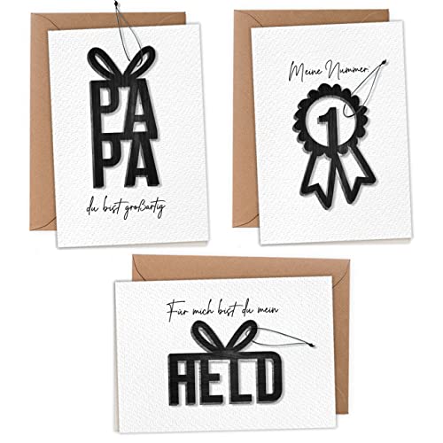 Papierdrachen Klappkarten mit Holzcutouts in DIN A6 zum Vatertag - mit 3 schwarzen Holzanhängern und 3 Packpapier Umschlägen - Vatertagsgeschenk - Set 02 von Papierdrachen