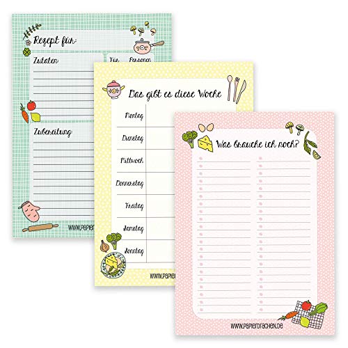 Papierdrachen 3 Notizblöcke für deine Menüplanung - Einkaufslisten, Rezeptblock, Wochenplan - Menüplanung Essen - Ideal für Haushaltsorganisation - Notizblock Set 10 - DIN A5 von Papierdrachen