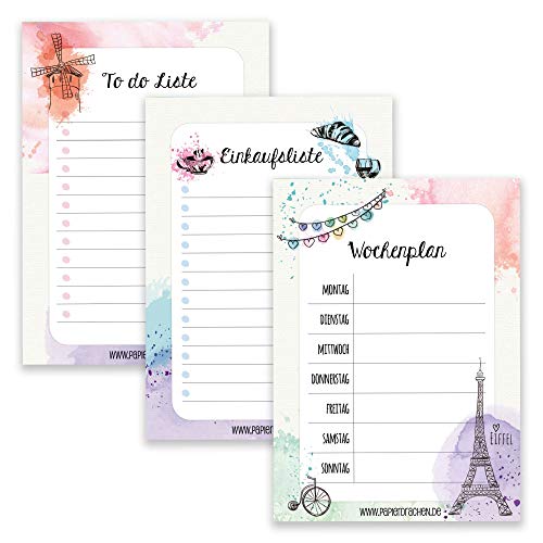 Papierdrachen 3 Notizblöcke mit Wochenplan, To Do Liste und Einkaufsliste - Tagesplaner und Wochenplaner Paris - Notizblock Set 8 - DIN A5 von Papierdrachen