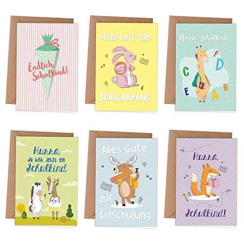 Papierdrachen 6 Grußkarten als Klappkarte inklusive Umschlag zur Einschulung - Grüße für das Schulkind - kindgerechte Glückwunschkarten zum Schulanfang - Motiv Tiere von Papierdrachen