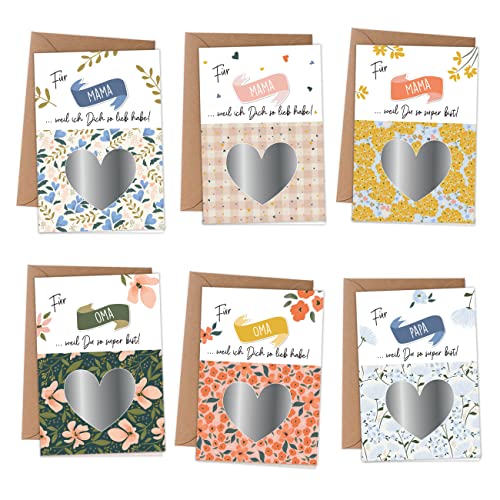 Papierdrachen 6 Klappkarten zum Freirubbeln zum Muttertag - mit 6 Umschlägen und passenden Dekoaufklebern - Floral - Set 01 von Papierdrachen