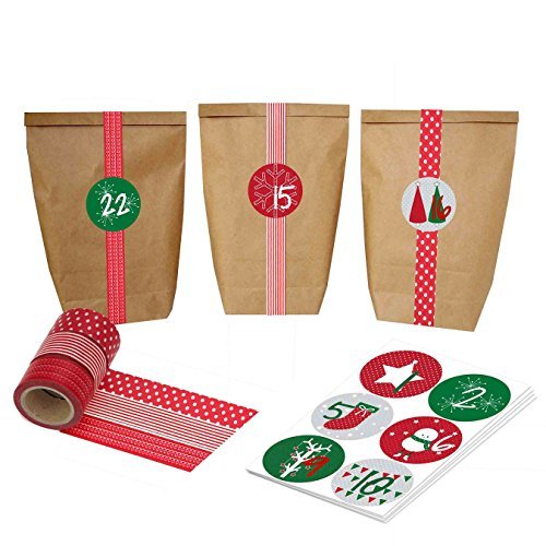 Papierdrachen Adventskalender mit Washi Tape - zum selber basteln und befüllen - rot - mit 24 Zahlenaufklebern und Papiertüten - Set 15 von Papierdrachen