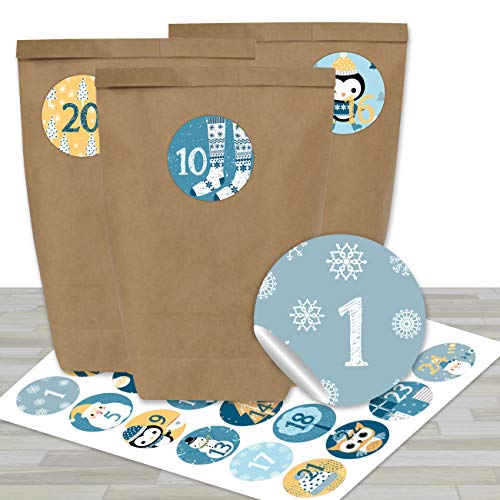 Papierdrachen Adventskalender zum Befüllen - mit 24 braunen Papiertüten und 24 blau-gelben Aufklebern - zum Selbermachen und Basteln - Mini Set Nr 31 - Weihnachtskalender für Kinder von Papierdrachen