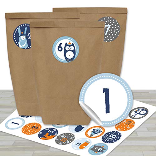 Papierdrachen Adventskalender zum Befüllen - mit 24 braunen Papiertüten und 24 blau-orangenen Aufklebern - zum Selbermachen und Basteln - Mini Set Nr 32 - Weihnachtskalender für Kinder von Papierdrachen