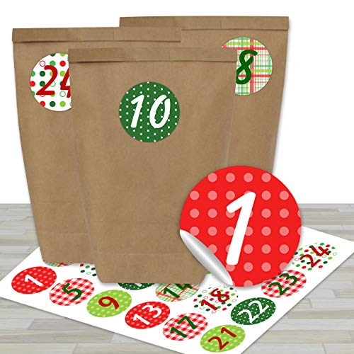 Papierdrachen Adventskalender zum Befüllen - mit 24 braunen Papiertüten und 24 bunten Aufklebern - zum Selbermachen und Basteln - Mini Set Nr 5 - Weihnachtskalender für Kinder von Papierdrachen