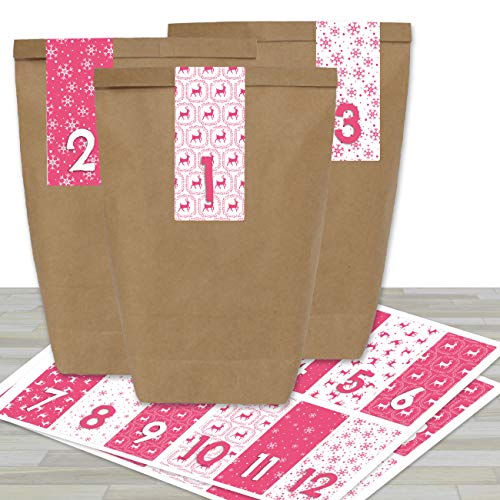 Papierdrachen Adventskalender zum Befüllen - mit 24 braunen Papiertüten und 24 rosa farbigen Aufklebern - zum Selbermachen und Basteln - Mini Set Nr 36 - Weihnachtskalender für Kinder von Papierdrachen
