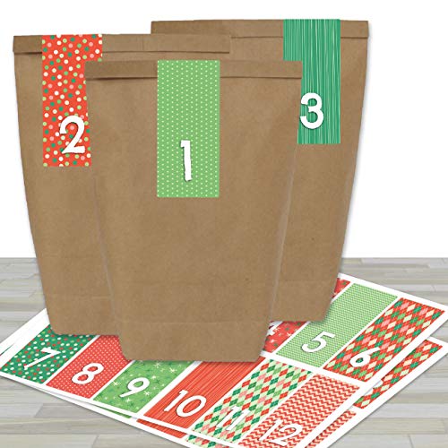 Papierdrachen Adventskalender zum Befüllen - mit 24 braunen Papiertüten und 24 rot-grünen Aufklebern - zum Selbermachen und Basteln - Mini Set Nr 35 - Weihnachtskalender für Kinder von Papierdrachen