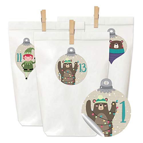 Papierdrachen Adventskalender zum Befüllen und Basteln - 24 weiße Papiertüten, 24 Zahlenaufkleber und 24 Holzklammern - Motiv Weihnachtskugeln mit Tieren für Kinder und Erwachsene - Set Nummer 58 Papierdrachen Adventskalender zum Befüllen und Basteln - 24 weiße Papiertüten, 24 Zahlenaufkleber und 24 Holzklammern - Motiv Weihnachtskugeln mit Tieren für Kinder und Erwachsene - Set Nummer 58 von Papierdrachen