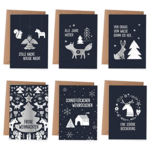 Papierdrachen Weihnachtskarten | 6 weihnachtliche Grußkarten als Klappkarte inkl Umschlag zur Adventszeit - Stilvolles Design zur Weihnachtszeit - Motiv Tiere - Christmas von Papierdrachen