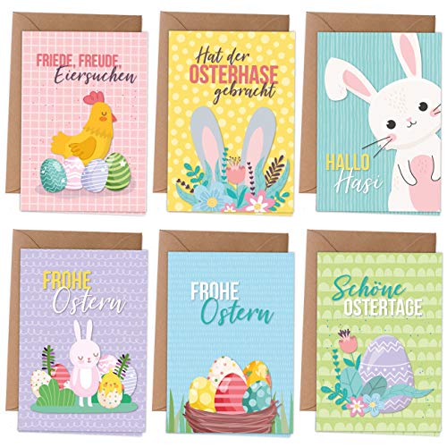 Osterkarten | 6 frühlingshafte Grußkarten als Klappkarte inklusive Umschlag zur Osterzeit - Grüße an die Familie - Stilvolles Design zu Ostern - Motiv Bunt - Set 1 von Papierdrachen