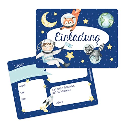 Papierdrachen 12 Einladungskarten zum Geburtstag für Kinder - Motiv Astronaut - Geburtstagseinladungen für deine Geburtstagsparty (DIN A6 mit abgerundeten Ecken) von Papierdrachen
