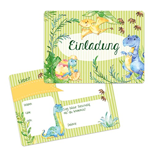 Papierdrachen 12 Einladungskarten zum Geburtstag für Kinder - Motiv Dino - Geburtstagseinladungen für deine Geburtstagsparty (DIN A6 mit abgerundeten Ecken) von Papierdrachen