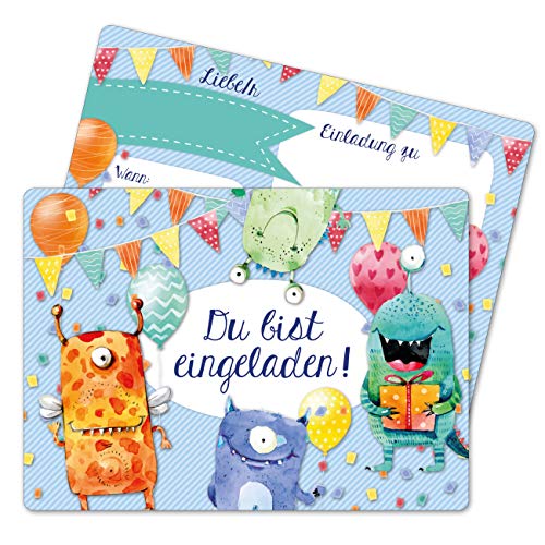 Papierdrachen 12 Einladungskarten zum Geburtstag für Kinder - Motiv Monster - Geburtstagseinladungen für Deine Geburtstagsparty (DIN A6 mit abgerundeten Ecken) von Papierdrachen