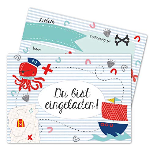 Papierdrachen 12 Einladungskarten zum Kindergeburtstag für Jungen - Motiv Pirat - Geburtstagseinladungen für deine Geburtstagsparty (DIN A6) von Papierdrachen