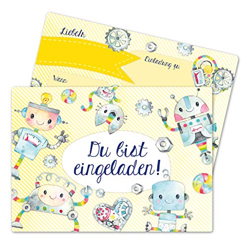 Papierdrachen 12 Einladungskarten zum Kindergeburtstag für Jungen - Motiv Roboter - Geburtstagseinladungen für deine Geburtstagsparty (DIN A6) von Papierdrachen