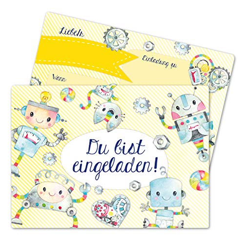 Papierdrachen 12 Einladungskarten zum Kindergeburtstag für Jungen - Motiv Roboter - Geburtstagseinladungen für deine Geburtstagsparty (DIN A6) von Papierdrachen