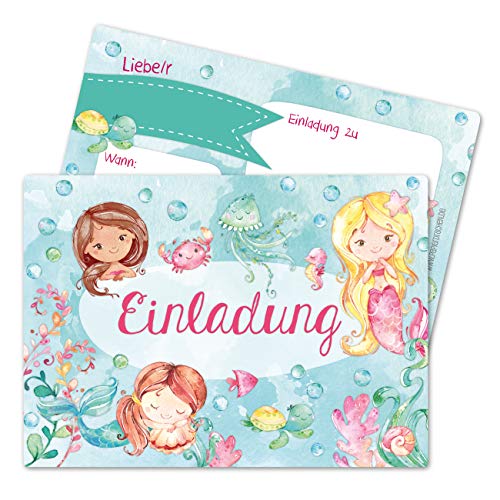 Papierdrachen 12 Einladungskarten zum Kindergeburtstag für Mädchen - Motiv Meerjungfrau - Geburtstagseinladungen für deine Geburtstagsparty (DIN A6) von Papierdrachen