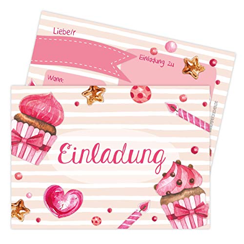 Papierdrachen 12 Einladungskarten zum Kindergeburtstag für Mädchen - Motiv rosa Törtchen - Geburtstagseinladungen für deine Geburtstagsparty (DIN A6) von Papierdrachen