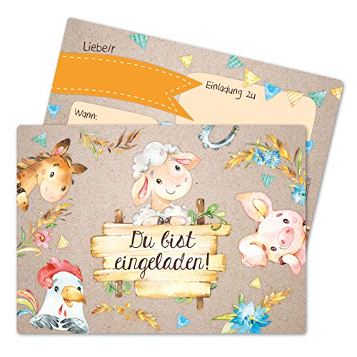 Papierdrachen 12 Einladungskarten zum Kindergeburtstag für Mädchen und Jungen - Motiv Farmtiere - Geburtstagseinladungen für deine Geburtstagsparty (DIN A6) von Papierdrachen