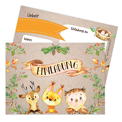 Papierdrachen 12 Einladungskarten zum Kindergeburtstag für Mädchen und Jungen - Motiv Waldtiere - Geburtstagseinladungen für deine Geburtstagsparty (DIN A6) von Papierdrachen