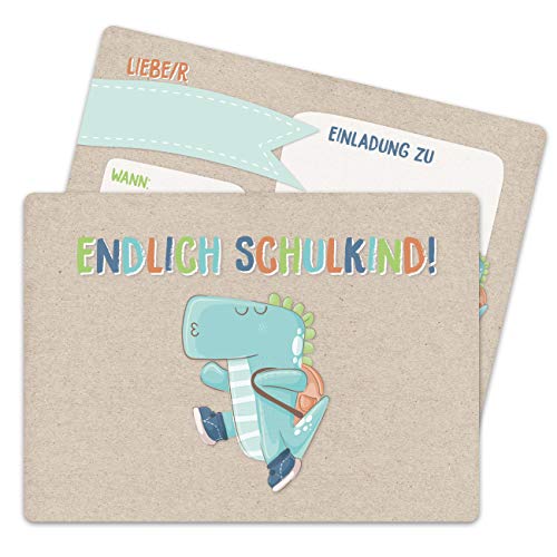 Papierdrachen 12 Einladungskarten zur Einschulung - Einladung mit Dino-Motiv zum Schulbeginn - Schulstart Erstklässler Erste Klasse - Ich werde Schulkind - Endlich Schulkind von Papierdrachen