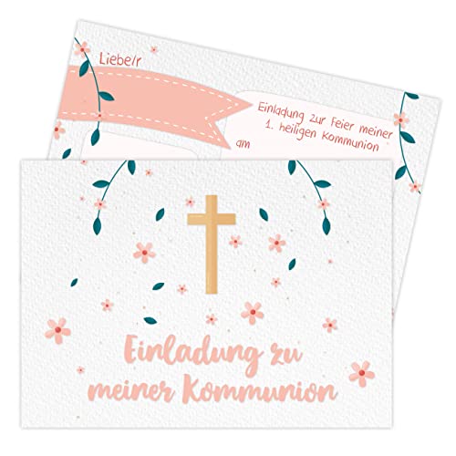 Papierdrachen 12 Einladungskarten zur Kommunion - Motiv Blumen Kreuz - Einladung zur Heiligen Kommunion für Mädchen und Jungen - DIN A6 - Set 3 Papierdrachen 12 Einladungskarten zur Kommunion - Motiv Blumen Kreuz - Einladung zur Heiligen Kommunion für Mädchen und Jungen - DIN A6 - Set 3 von Papierdrachen