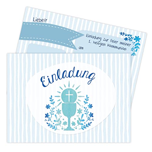 Papierdrachen 12 Einladungskarten zur Kommunion - Motiv Kelch blau - Einladung zur Heiligen Kommunion für Mädchen und Jungen - DIN A6 - Set 1 von Papierdrachen